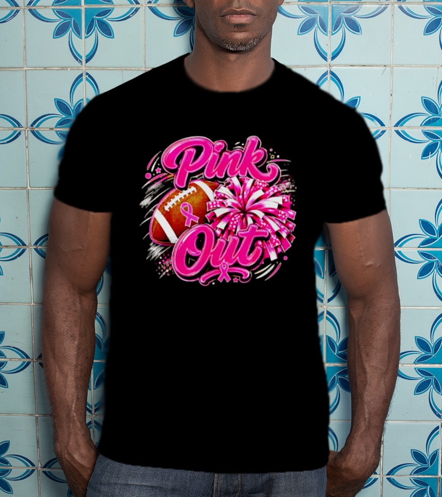Pink Out Breast Cancer Awareness Football Cheerleading Pom Poms T-Shirt