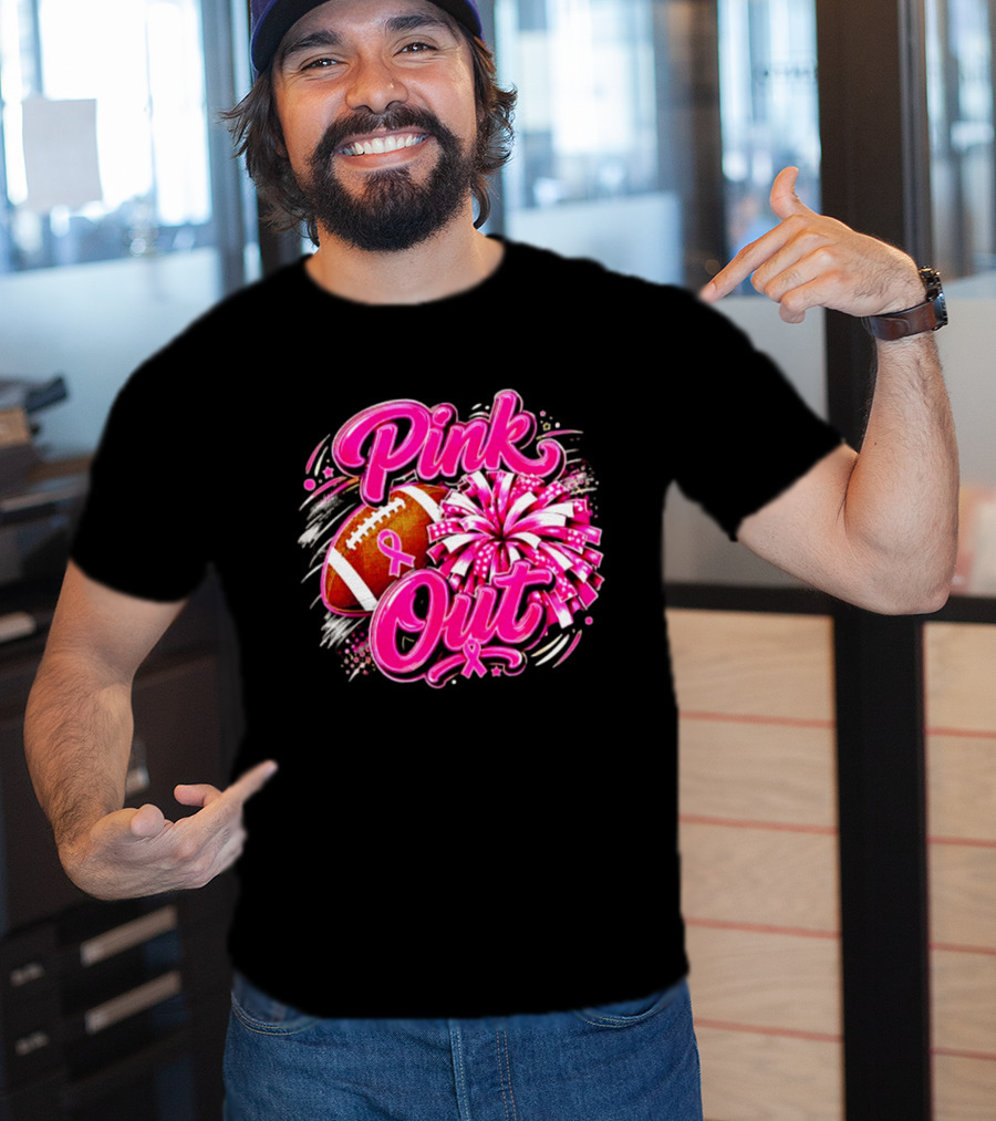Pink Out Breast Cancer Awareness Football Cheerleading Pom Poms T-Shirt