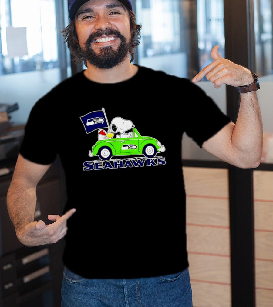 Snoopy In Volkswagen Beetle With Seattle Seahawks Flag 2026 Season T-Shirt