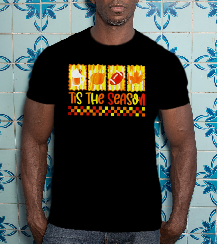 Tis The Season Pumpkin Coffee Football Leaf Halloween T-Shirt