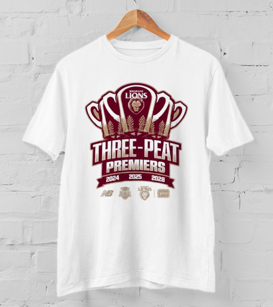 Brisbane Lions Three Peat Premiers 2024 2025 2026 AFL Trophy T-Shirt