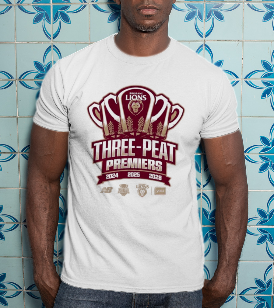 Brisbane Lions Three Peat Premiers 2024 2025 2026 AFL Trophy T-Shirt