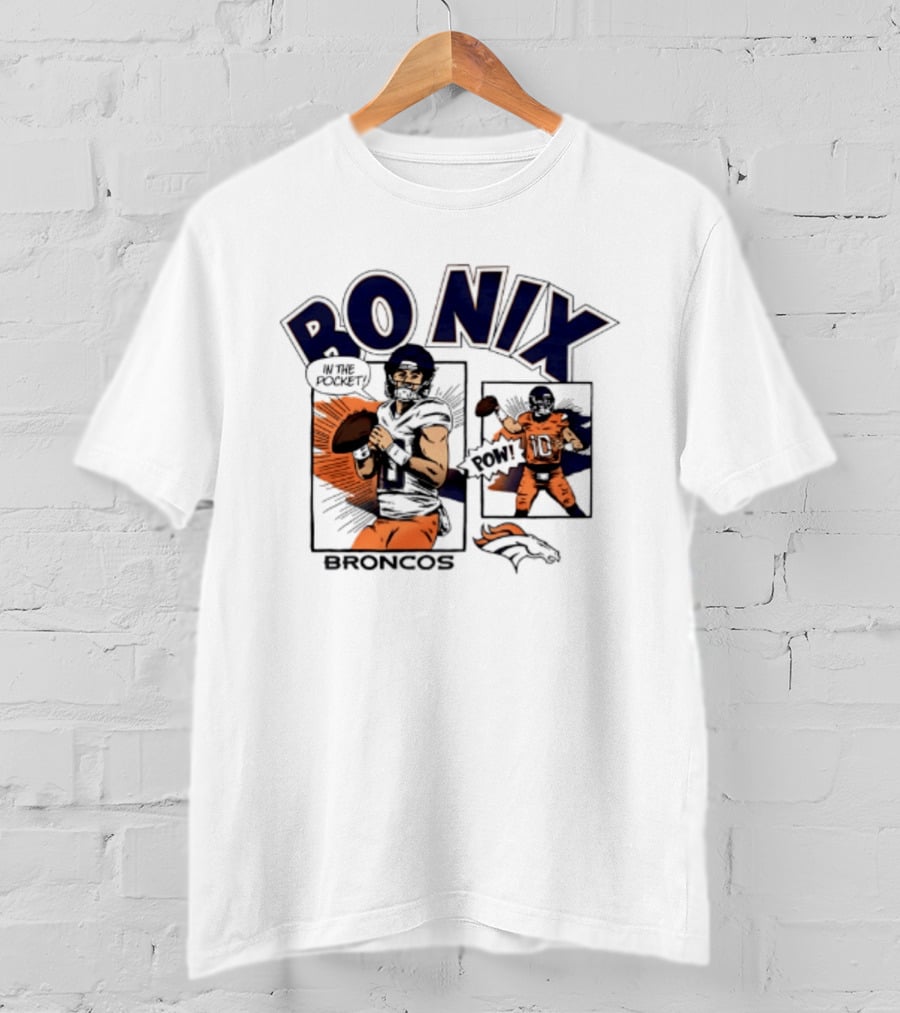 Bo Nix Broncos Comic Pow In The Pocket T-Shirt