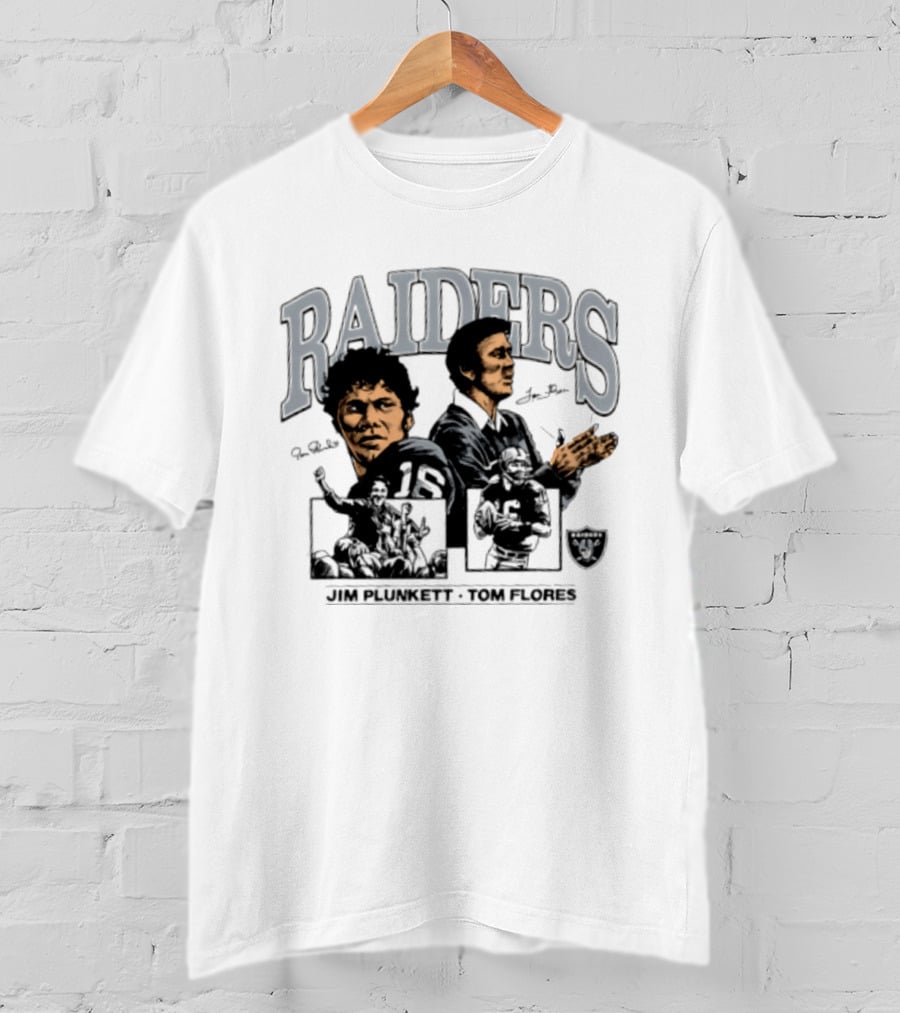 RAIDERS Jim Plunkett Tom Flores Las Vegas Football Signatures T-Shirt