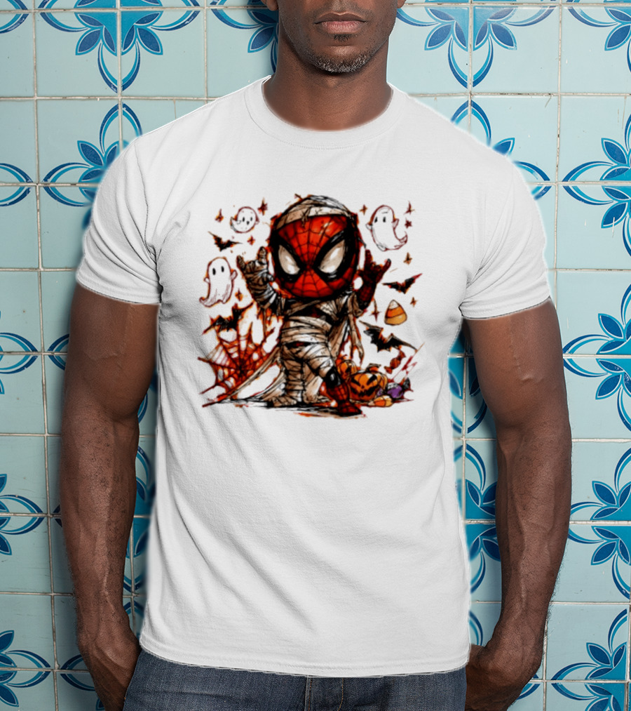 Spider Man Mummy Marvel Halloween Spidey Ghosts Bats Candy Corn Pumpkin T-Shirt