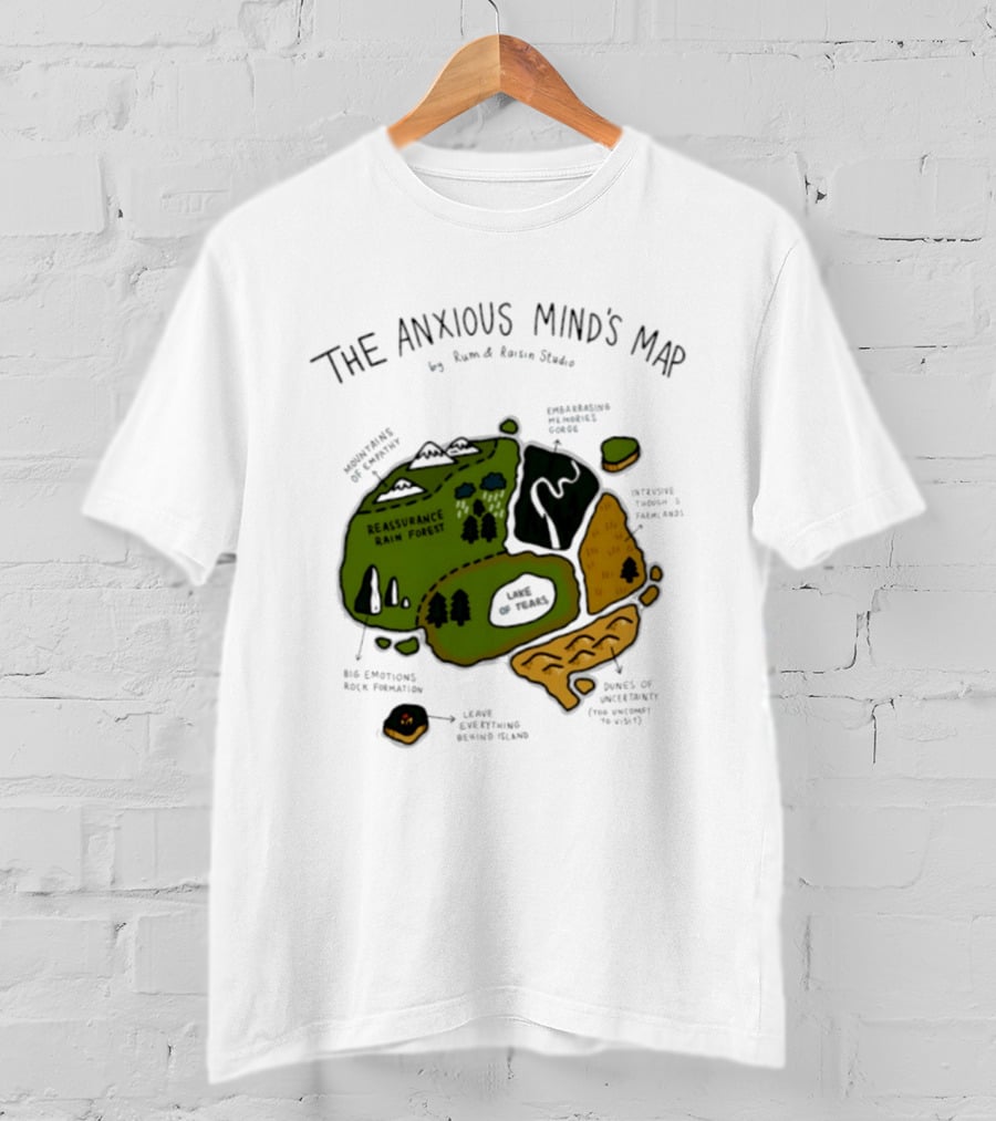 The Anxious Mind's Map Rum & Raisin Studio Reassurance Rain Forest Expectations Plateau Attack Of Panic Peaks T-Shirt