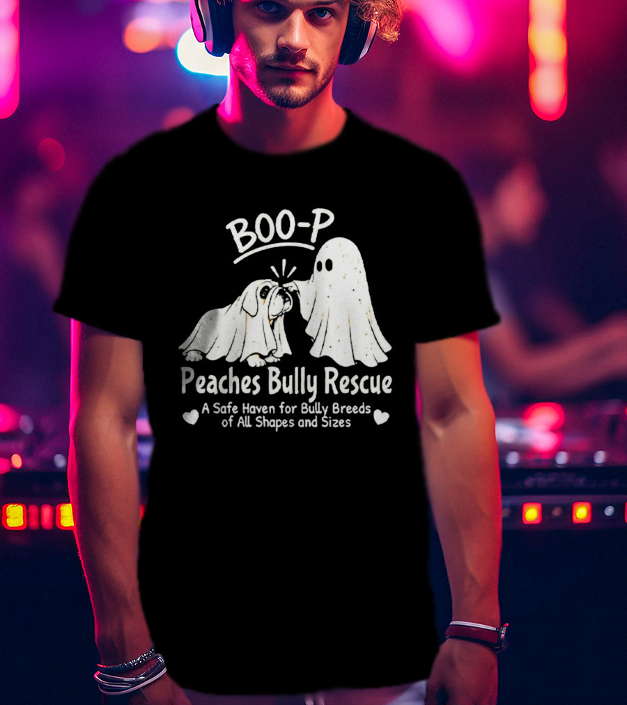 Boo P Peaches Bully Rescue Safe Haven For Bully Breeds Halloween Ghost Dog T-Shirt