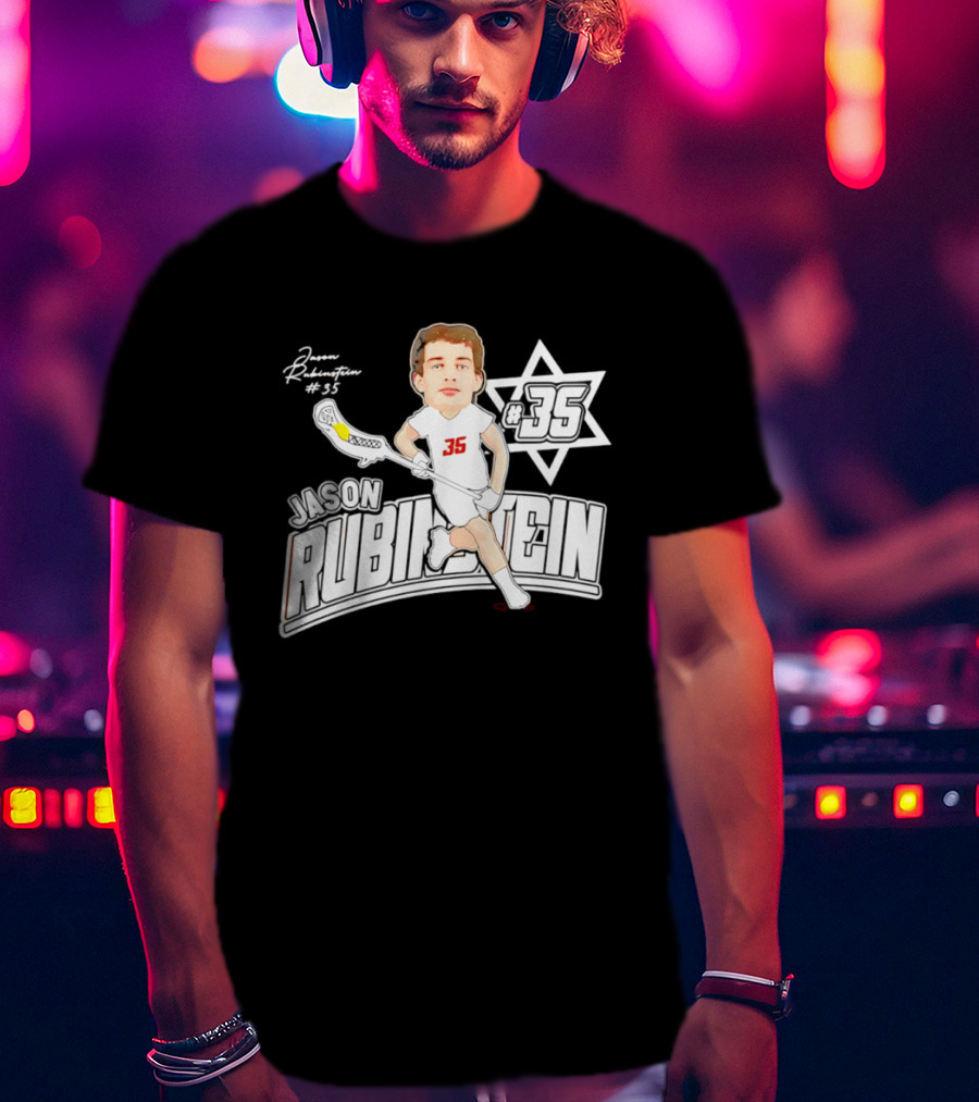 Jason Rubinstein Number 35 Lacrosse Jewish Star Caricature NCAA Rhodes T-Shirt