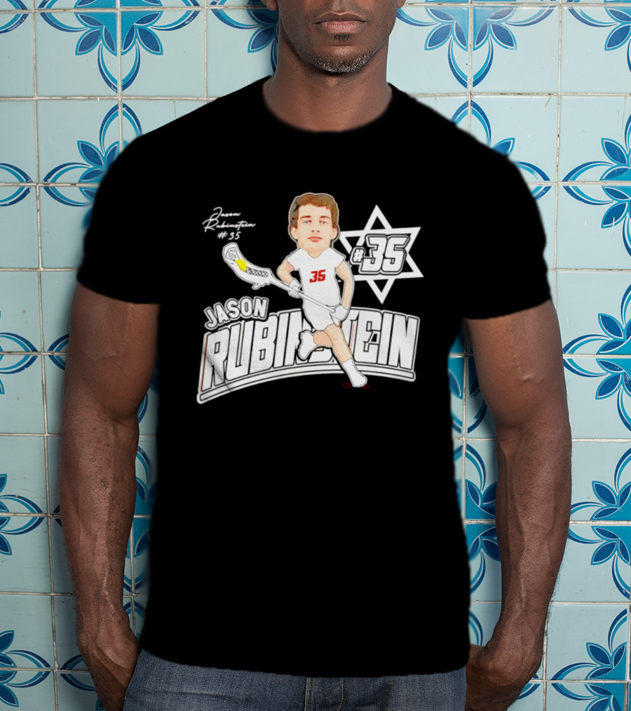 Jason Rubinstein Number 35 Lacrosse Jewish Star Caricature NCAA Rhodes T-Shirt
