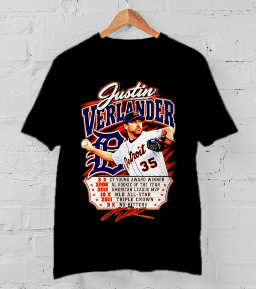 Justin Verlander Detroit Tigers Triple Crown 3x Cy Young 2011 MVP MLB All Star No Hitters T-Shirt