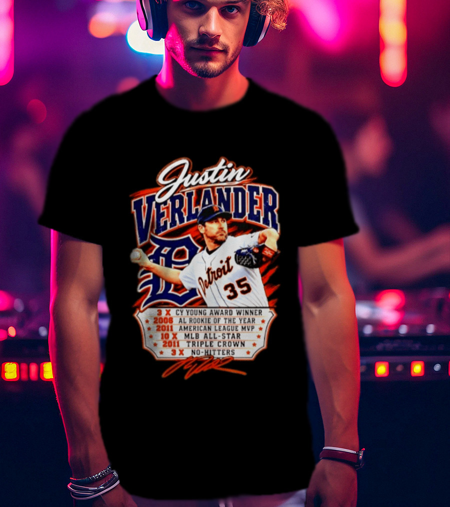 Justin Verlander Detroit Tigers Triple Crown 3x Cy Young 2011 MVP MLB All Star No Hitters T-Shirt