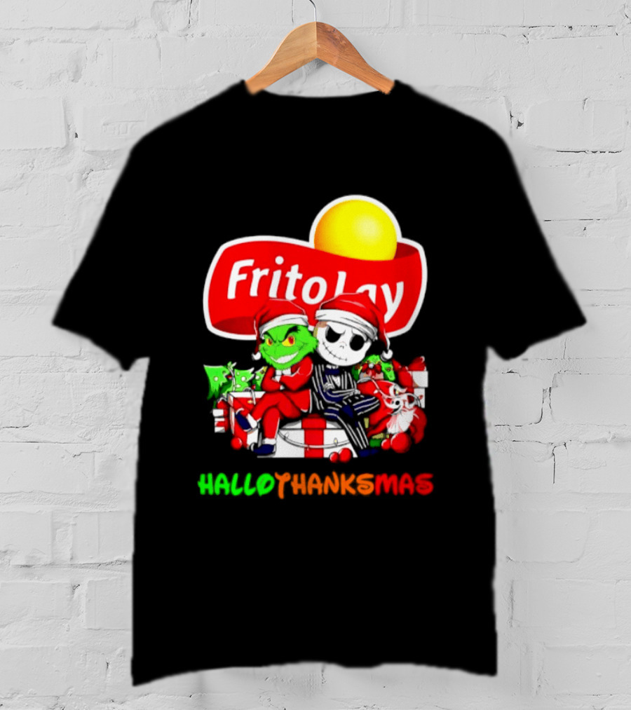 Frito Lay Grinch Jack Skellington Hallothanksmas 2026 Christmas Santa Hats T-Shirt
