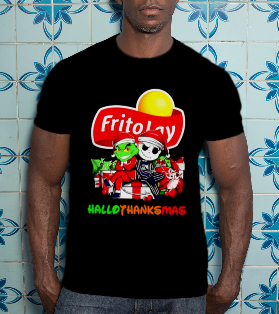 Frito Lay Grinch Jack Skellington Hallothanksmas 2026 Christmas Santa Hats T-Shirt