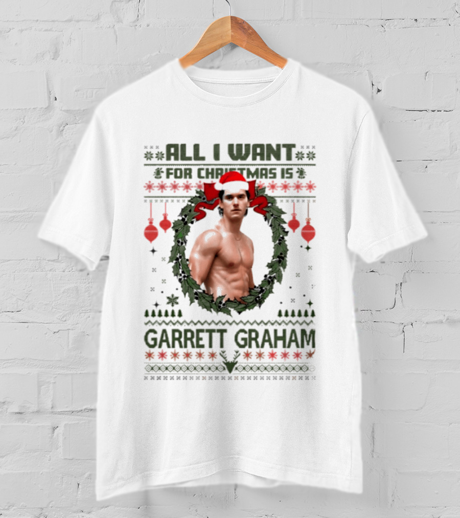 All I Want For Christmas Is Garrett Graham Ugly Christmas Holiday Santa Hat Wreath T-Shirt