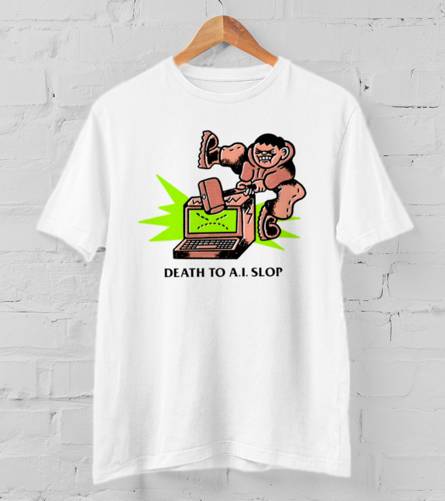Death To AI Slop Digital Technology Revolution Sledgehammer Laptop Destruction T-Shirt