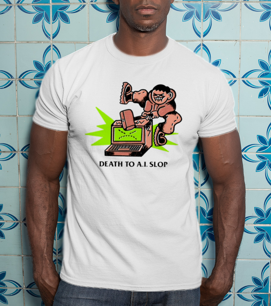 Death To AI Slop Digital Technology Revolution Sledgehammer Laptop Destruction T-Shirt