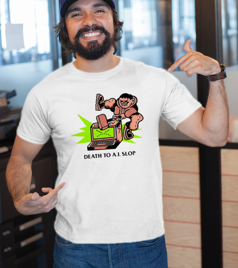 Death To AI Slop Digital Technology Revolution Sledgehammer Laptop Destruction T-Shirt