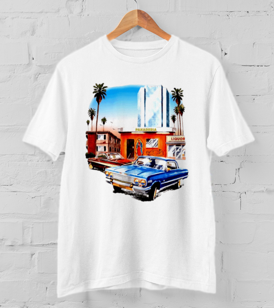 Panaderia Liquor Lowrider Scene With Vintage Cars And Palms T-Shirt