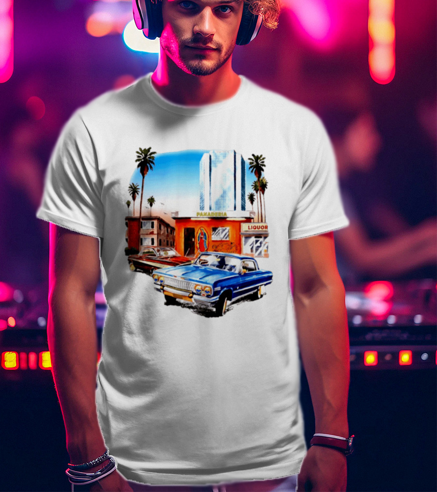 Panaderia Liquor Lowrider Scene With Vintage Cars And Palms T-Shirt