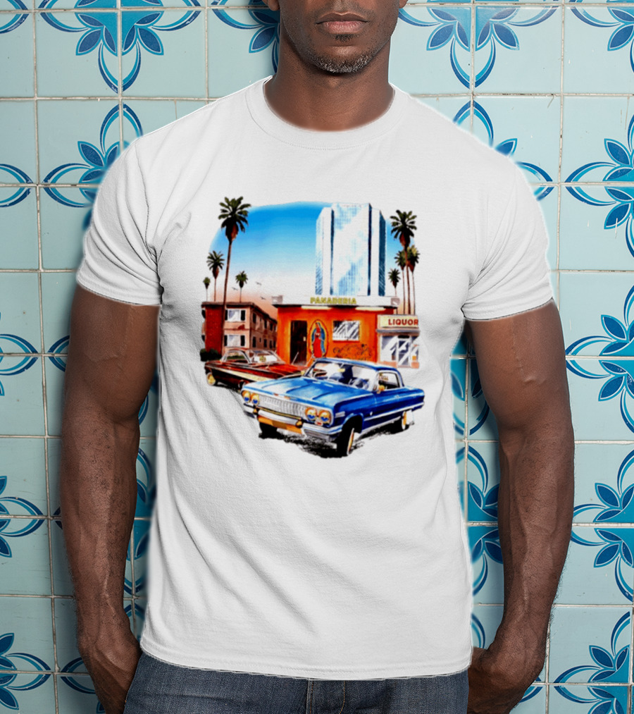 Panaderia Liquor Lowrider Scene With Vintage Cars And Palms T-Shirt