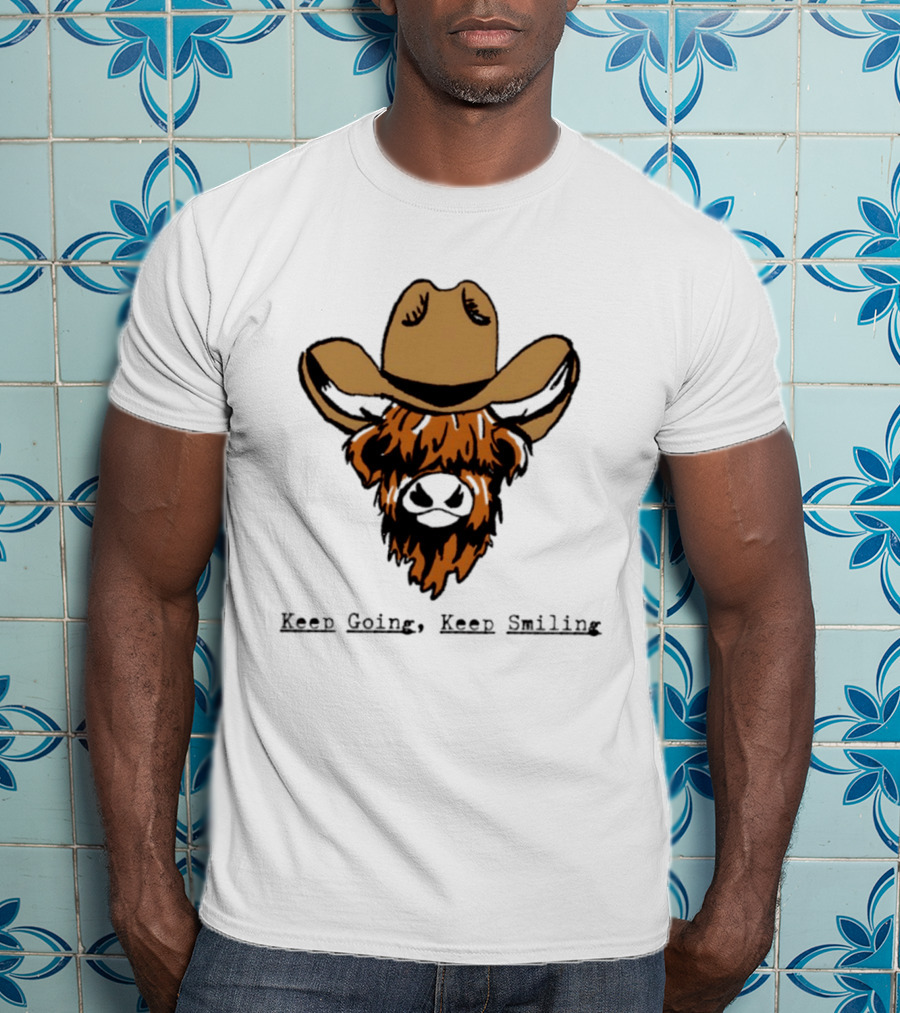 Highland Cow Cowboy Hat Keep Going Keep Smiling Vintage Look T-Shirt