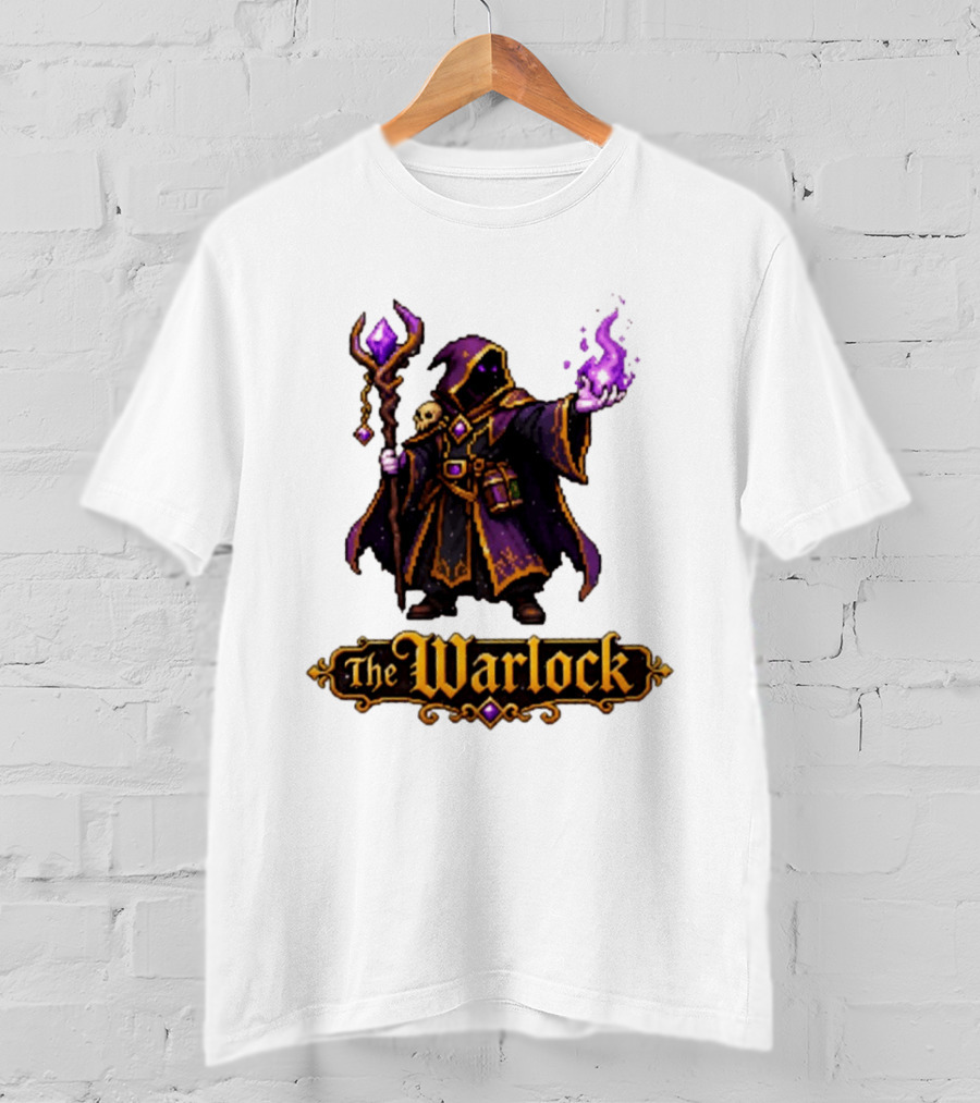 The Warlock Pixel Fantasy Mage RPG Cloaked Wizard With Staff And Magic Spell T-Shirt