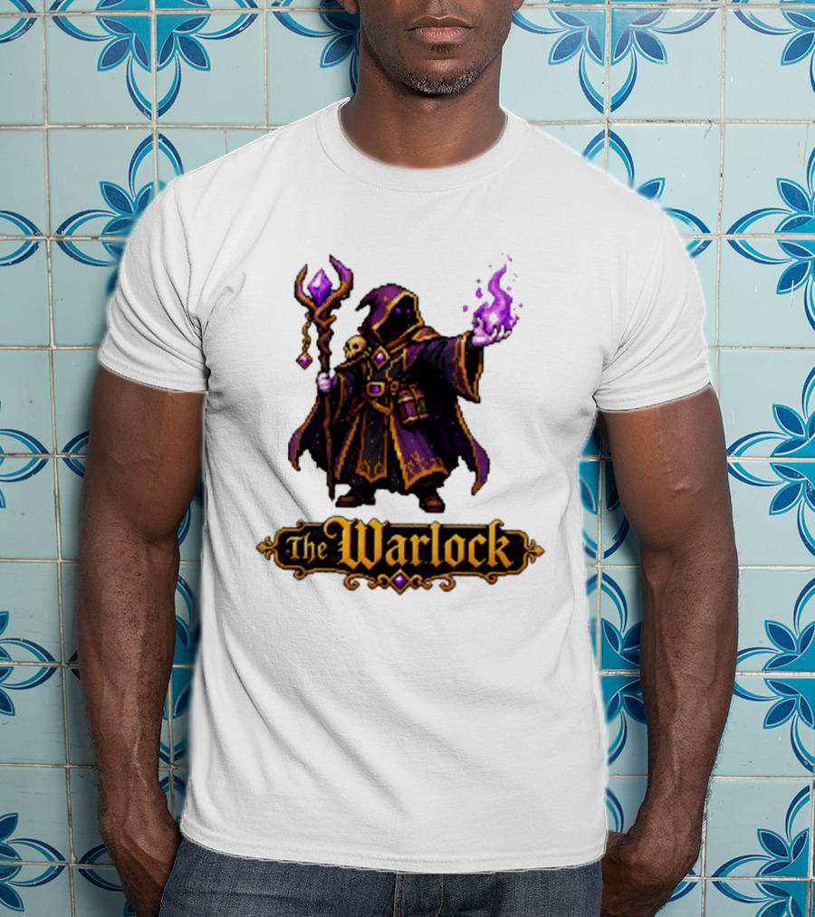 The Warlock Pixel Fantasy Mage RPG Cloaked Wizard With Staff And Magic Spell T-Shirt