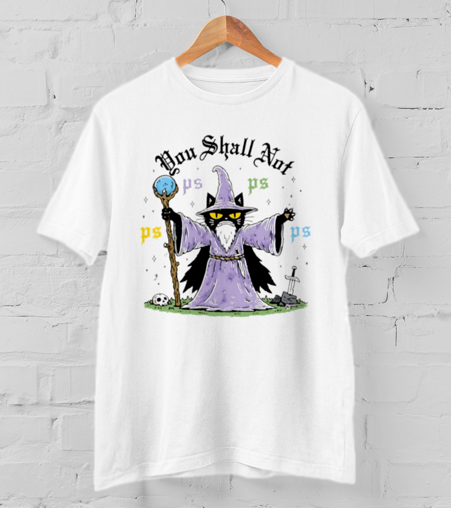 You Shall Not Ps Ps Cat Wizard Lord Of The Rings Mage Spellcaster Staff Cloak T-Shirt