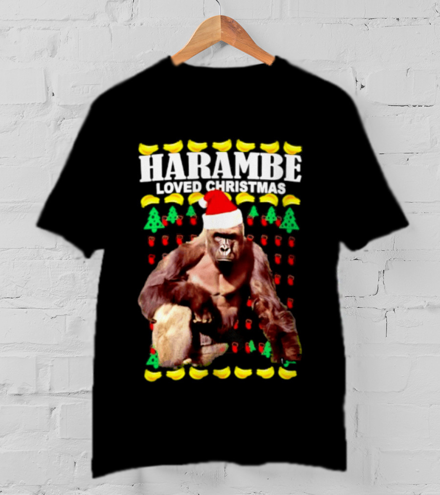 Harambe Loved Christmas Gorilla In Santa Hat With Bananas And Trees T-Shirt