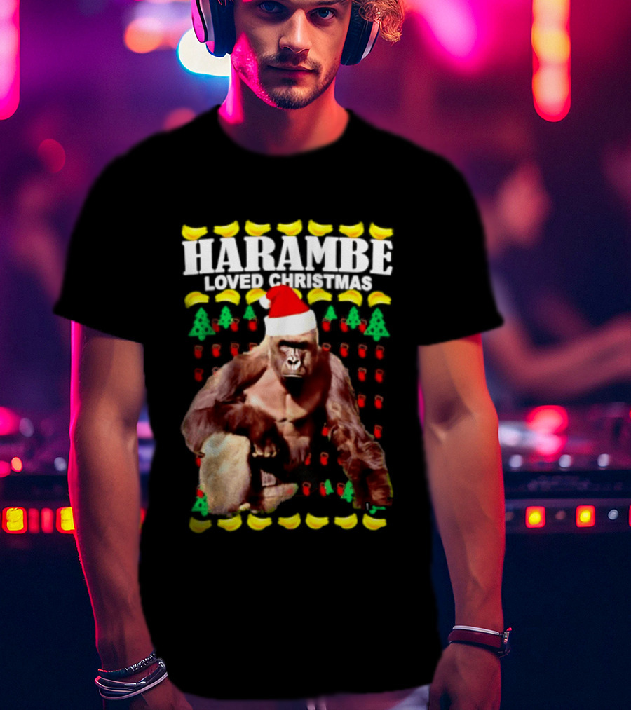 Harambe Loved Christmas Gorilla In Santa Hat With Bananas And Trees T-Shirt