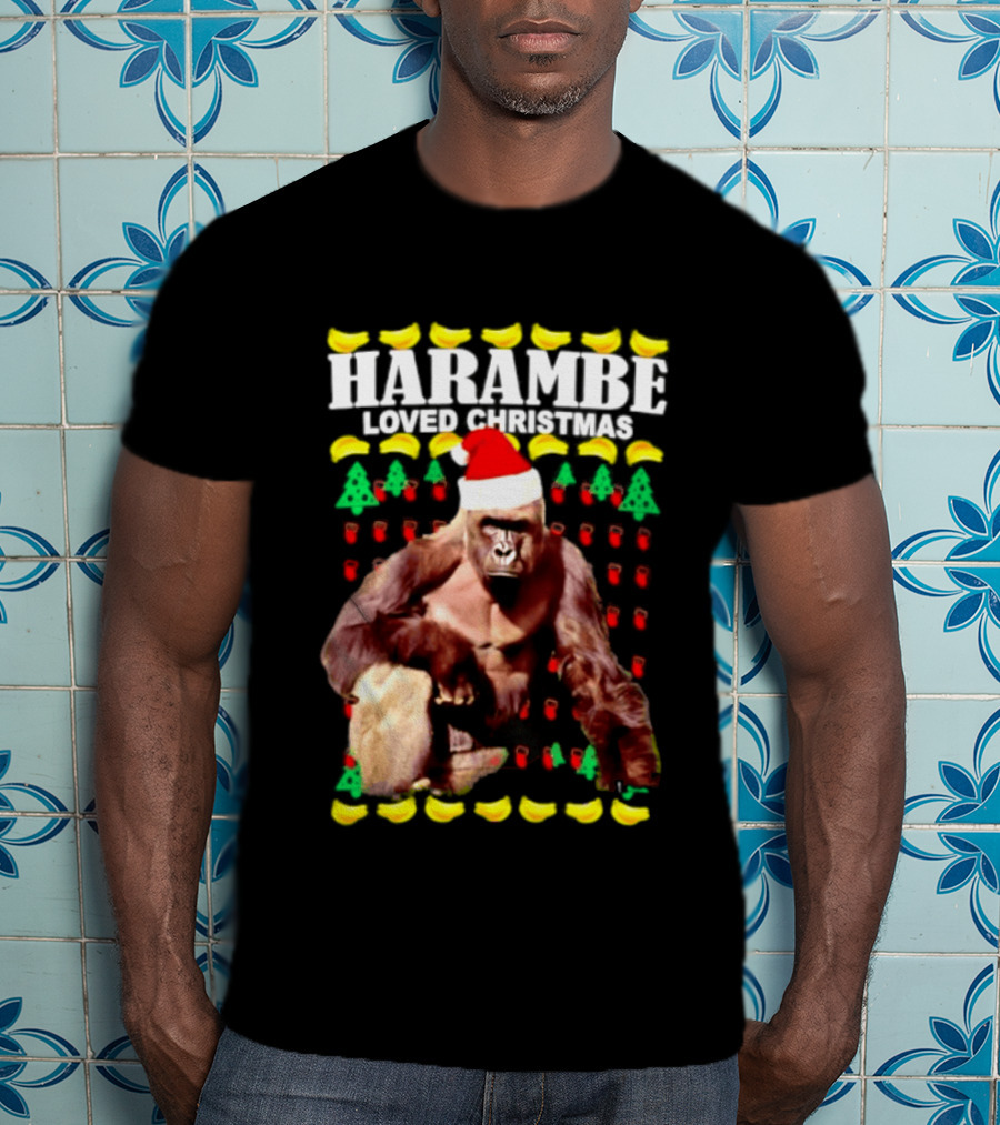 Harambe Loved Christmas Gorilla In Santa Hat With Bananas And Trees T-Shirt