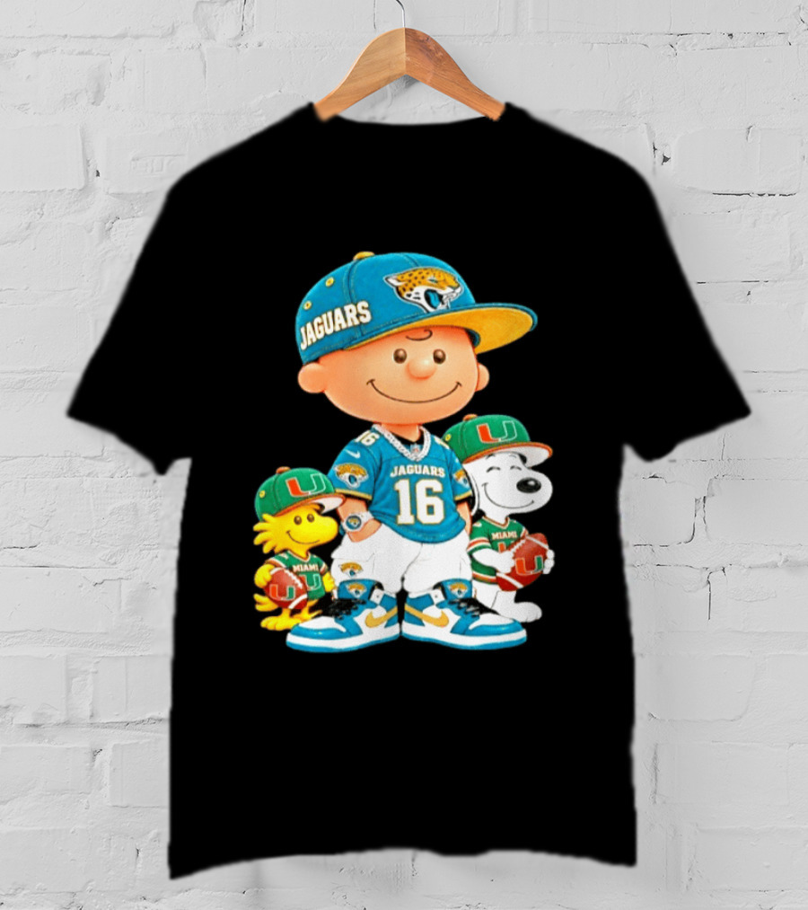 Peanuts Charlie Brown Snoopy Woodstock Jacksonville Jaguars Miami Hurricanes Football Fan Gear T-Shirt