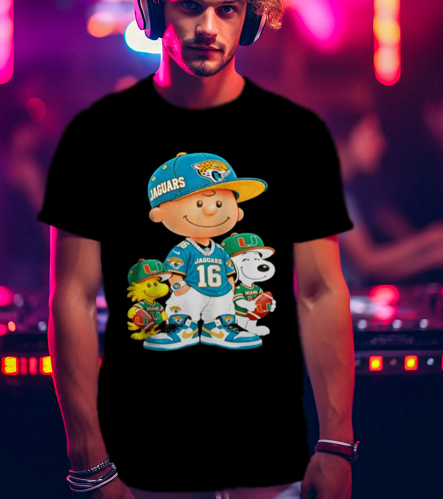 Peanuts Charlie Brown Snoopy Woodstock Jacksonville Jaguars Miami Hurricanes Football Fan Gear T-Shirt