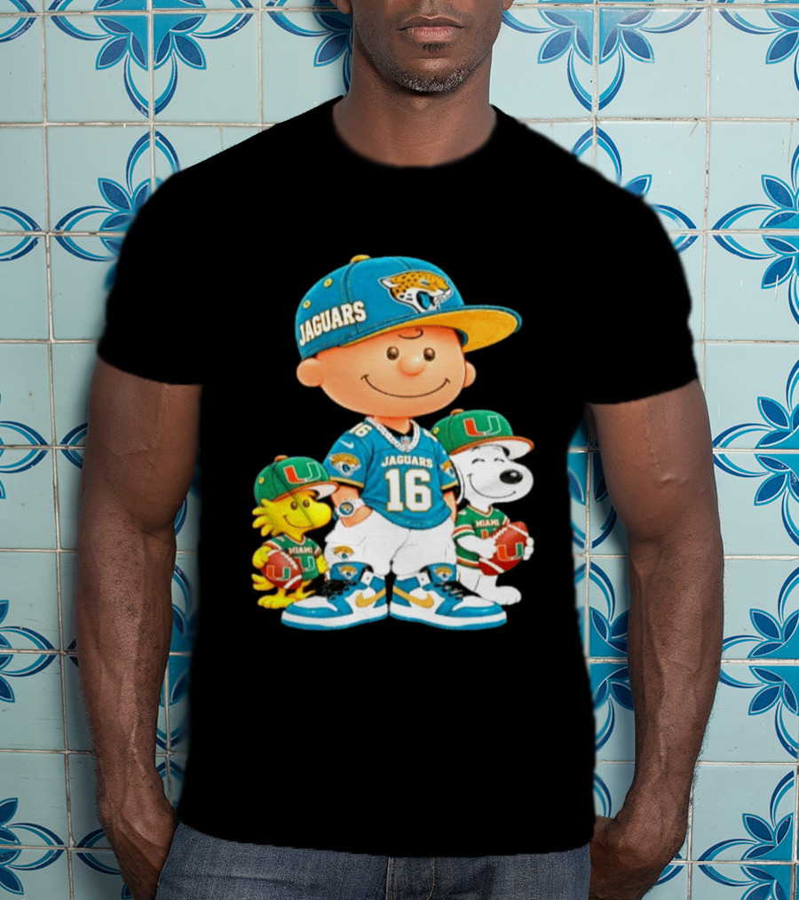 Peanuts Charlie Brown Snoopy Woodstock Jacksonville Jaguars Miami Hurricanes Football Fan Gear T-Shirt