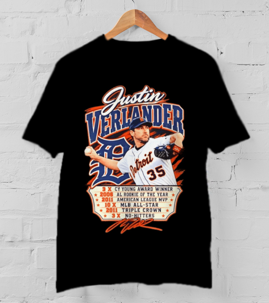 Justin Verlander Detroit Tigers Career 3x Cy Young Award Winner AL Rookie Of The Year 2011 American League MVP MLB All Star Triple Crown No Hitters T-Shirt