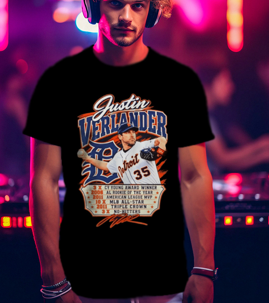 Justin Verlander Detroit Tigers Career 3x Cy Young Award Winner AL Rookie Of The Year 2011 American League MVP MLB All Star Triple Crown No Hitters T-Shirt