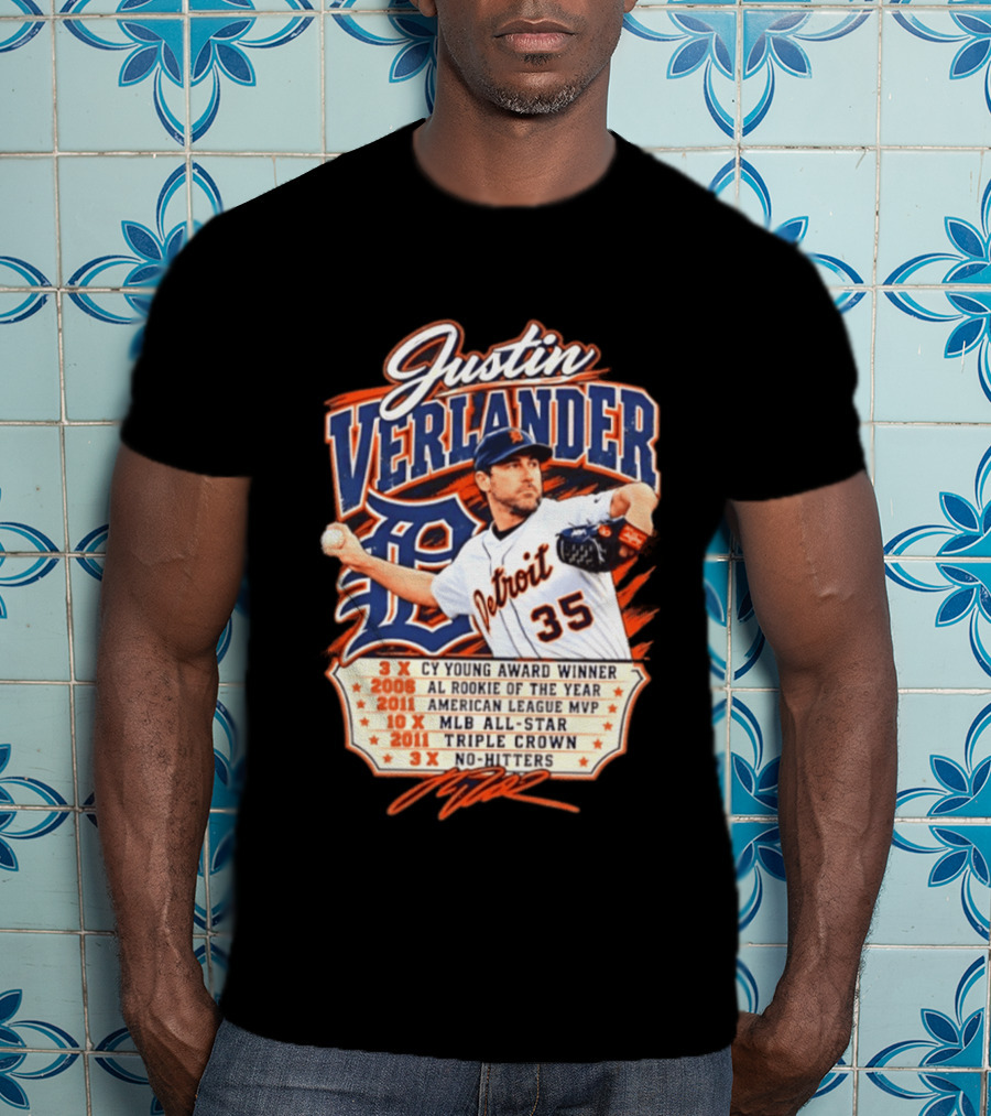 Justin Verlander Detroit Tigers Career 3x Cy Young Award Winner AL Rookie Of The Year 2011 American League MVP MLB All Star Triple Crown No Hitters T-Shirt
