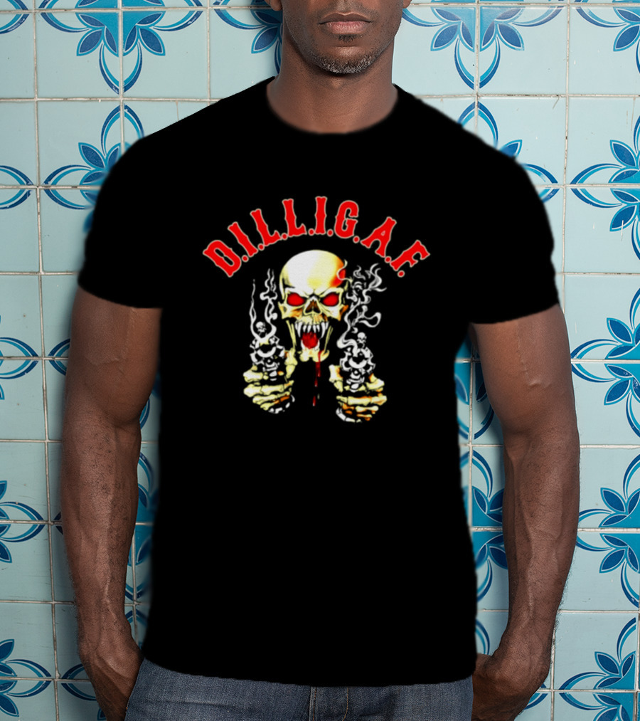 DILLIGAF Skull With Red Eyes Smoking Guns T-Shirt