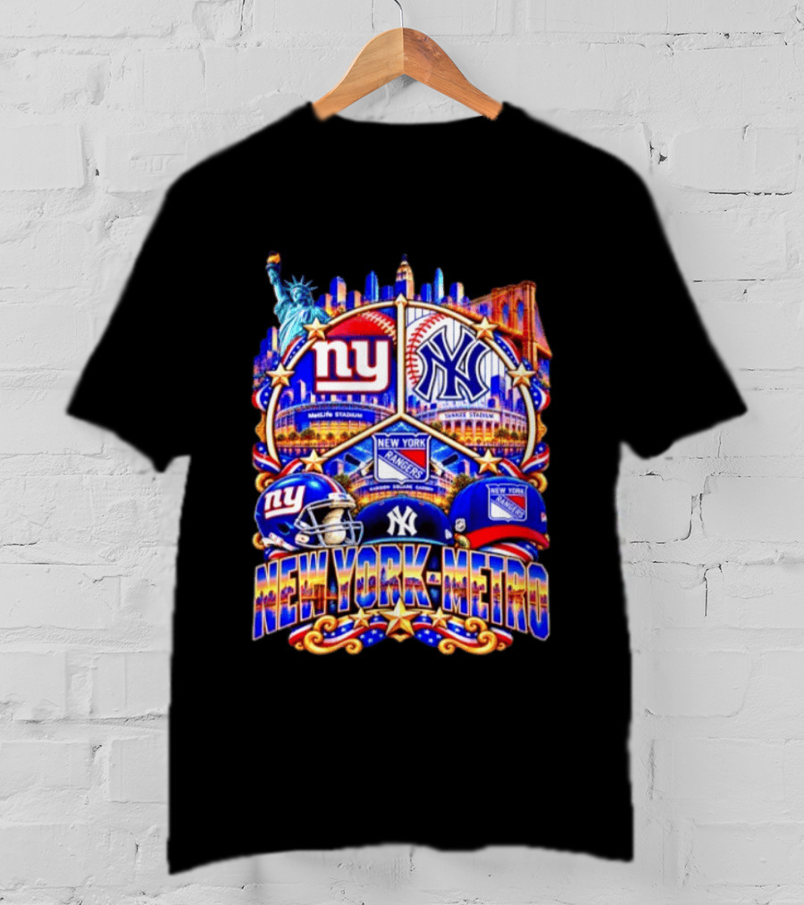 New York Metro Giants Yankees Rangers Skyline Stadium Statue Liberty T-Shirt