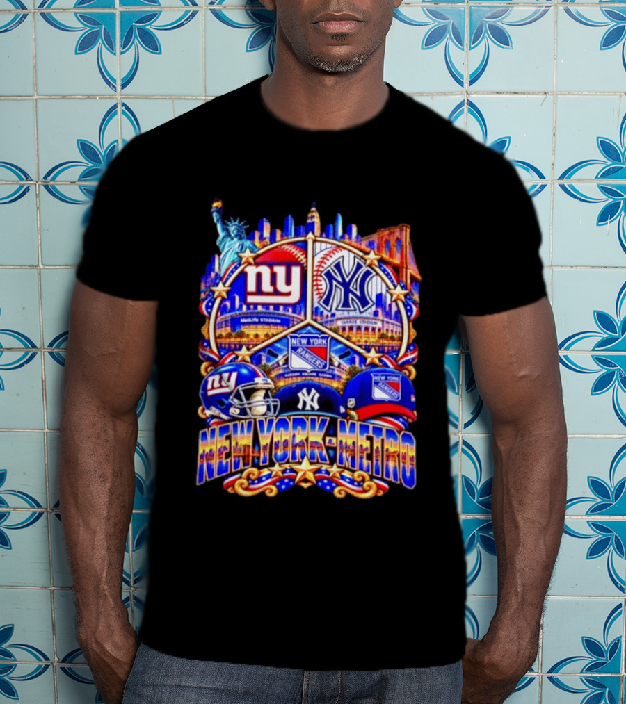 New York Metro Giants Yankees Rangers Skyline Stadium Statue Liberty T-Shirt
