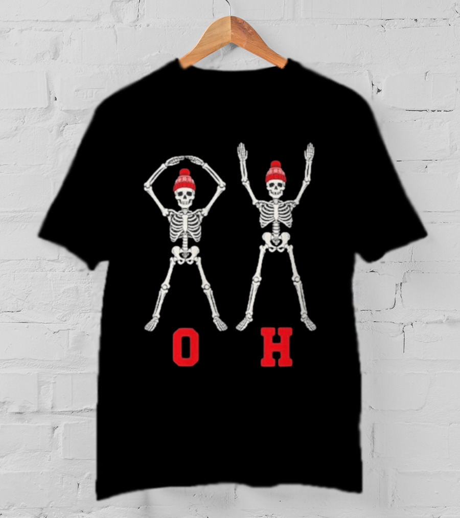 OH IO Skeleton Red Beanie Halloween Costume T-Shirt