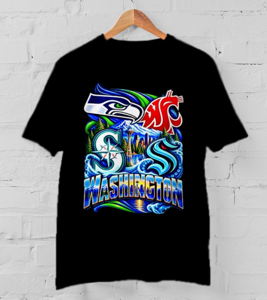 Seattle Seahawks Washington State Cougars Mariners Kraken Washington Skyline T-Shirt