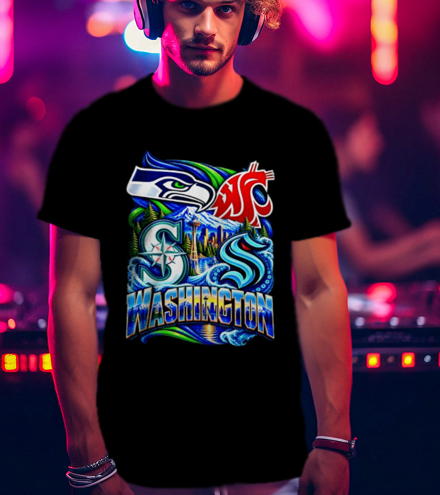 Seattle Seahawks Washington State Cougars Mariners Kraken Washington Skyline T-Shirt