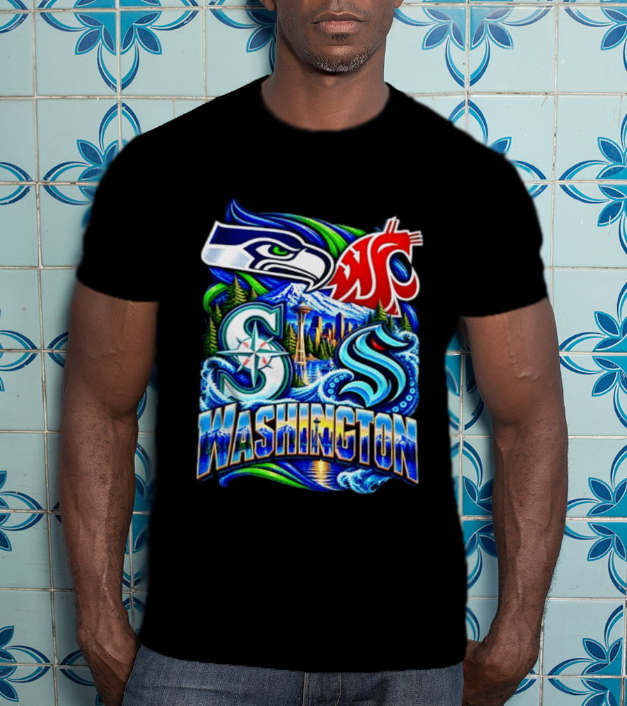 Seattle Seahawks Washington State Cougars Mariners Kraken Washington Skyline T-Shirt