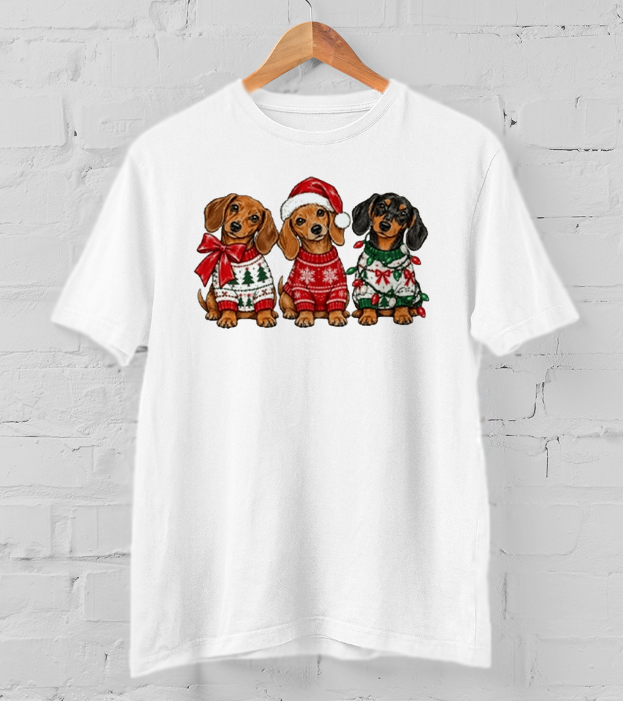 Cozy Christmas Dachshund Trio In Festive Sweaters With Santa Hat T-Shirt