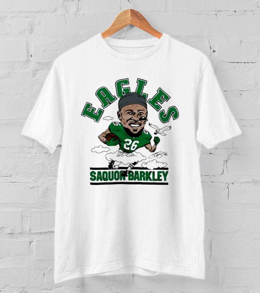 Eagles Saquon Barkley 26 Caricature Player Running Clouds T-Shirt
