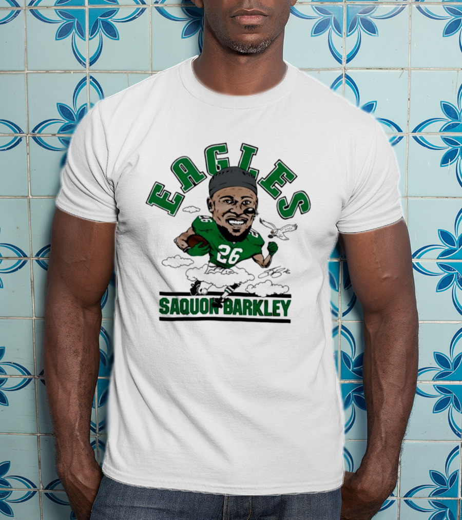 Eagles Saquon Barkley 26 Caricature Player Running Clouds T-Shirt