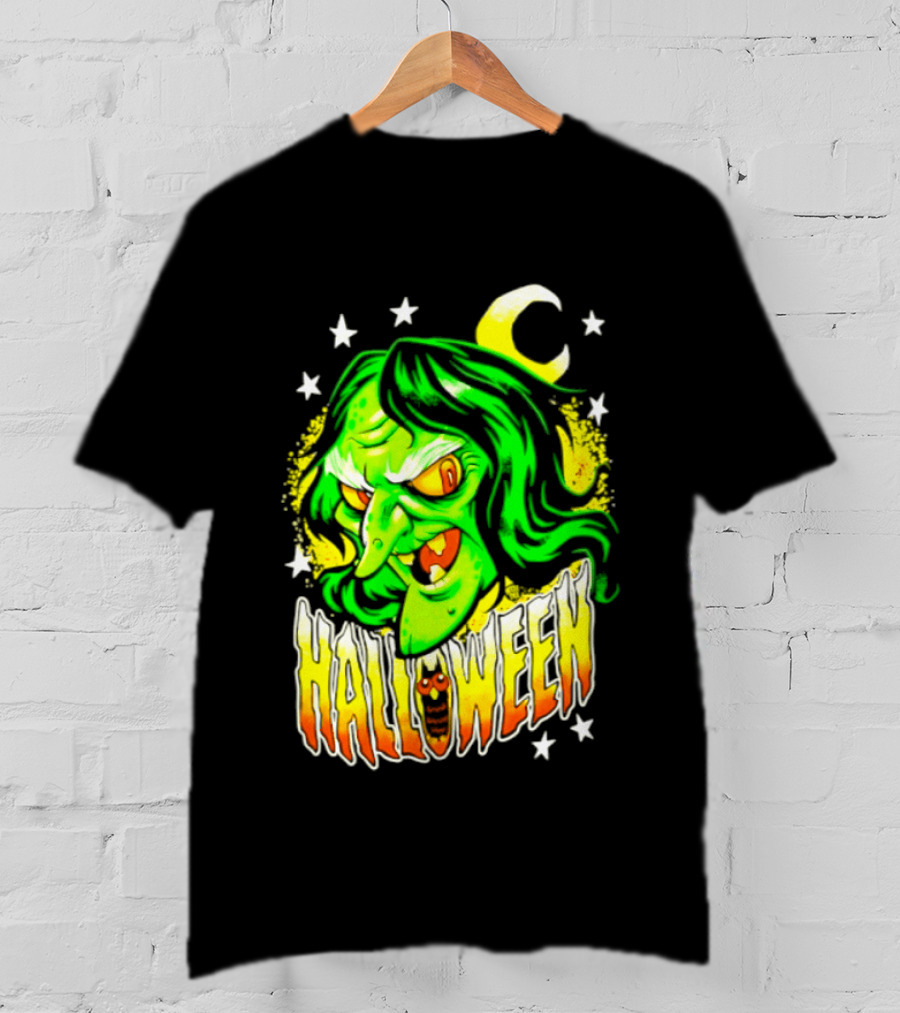 Halloween Witch Green Face Crescent Moon And Stars T-Shirt