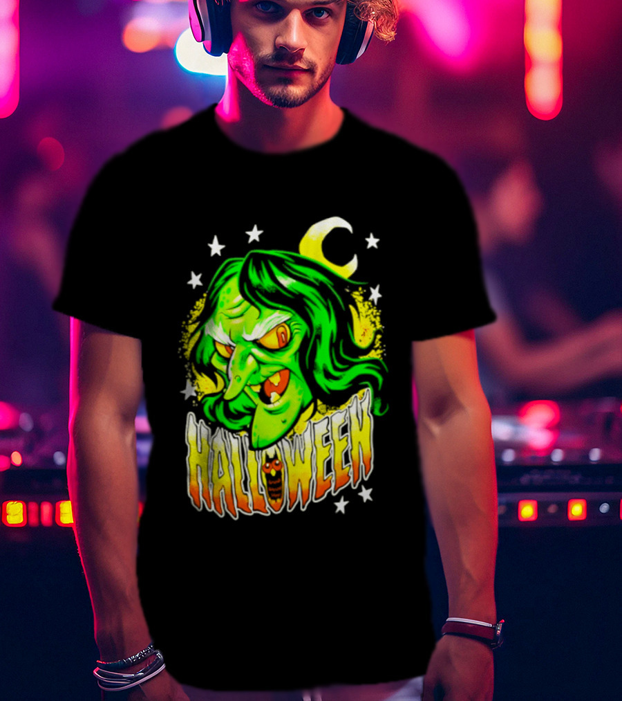 Halloween Witch Green Face Crescent Moon And Stars T-Shirt