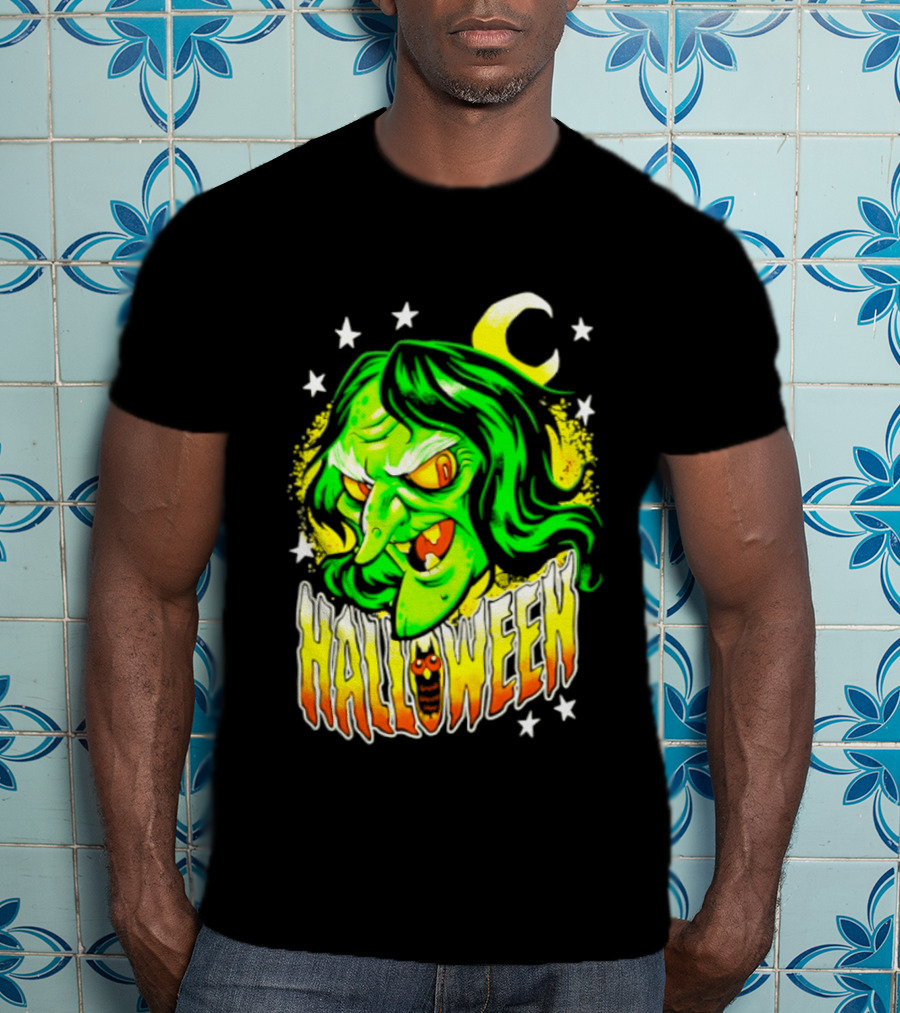 Halloween Witch Green Face Crescent Moon And Stars T-Shirt